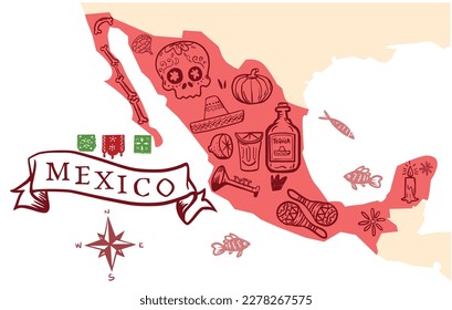 Mexico map. With Different elements of day of the dead. Vector illustration separated.