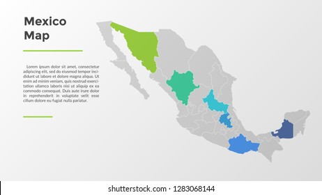 Mexico map divided into regions or states. Territory of country with regional borders, geographical division. Infographic design template. Flat vector illustration for brochure, touristic website.