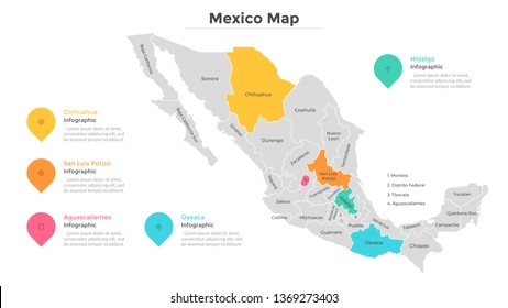 Mapa de México dividido en regiones o estados. Territorio de país con fronteras regionales, división geográfica. Plantilla de diseño gráfico. Ilustración plana vectorial para folleto, sitio web turístico.
