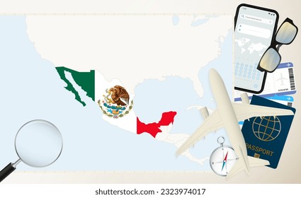 Mexico map and flag, cargo plane on the detailed map of Mexico with flag, passport, magnifying glass and airplane. Vector template.