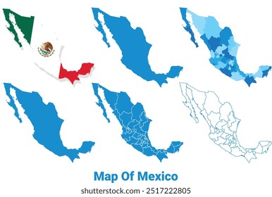 Mexico Map with flag and flat outline vector illustration set