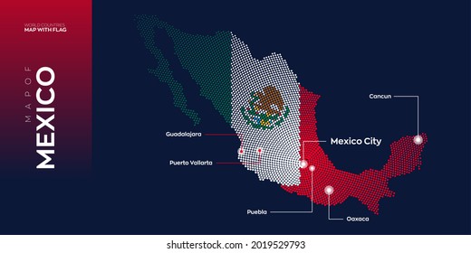 Mexico map with flag info graphic. Abstract vector map of Mexico with capital and major cities. Dots composition map on dark background.
