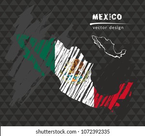 Mexico map with flag inside on the black background. Chalk sketch vector illustration