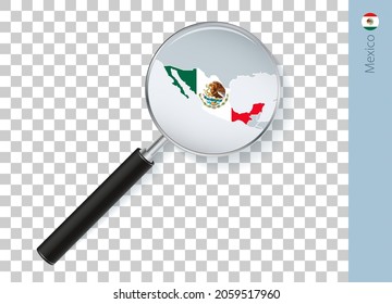 Mapa de México con bandera en lupa sobre fondo transparente. Voz vectorial con mapa.