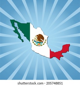 Mexico map flag on blue sunburst illustration