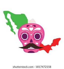 mexico map flag with pink mexican skull, on white background vector illustration design