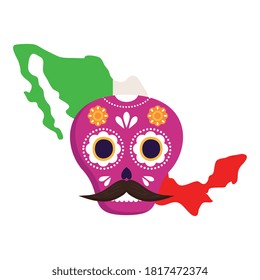 mexico map flag with pink mexican skull, in white background vector illustration design