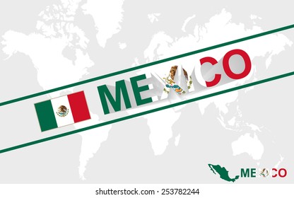 Mexico map flag and text illustration, on world map