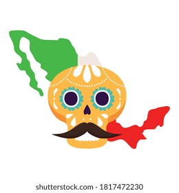 mexico map flag with yellow mexican skull, on white background vector illustration design