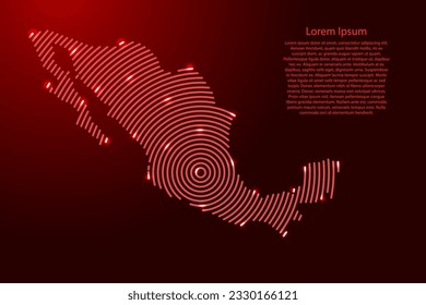 Mexico map from futuristic concentric red circles and glowing stars for banner, poster, greeting card