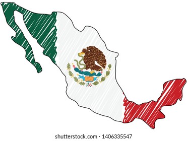 Mexico map hand drawn sketch. Vector concept illustration flag, childrens drawing, scribble map. Country map for infographic, brochures and presentations isolated on white background. Vector