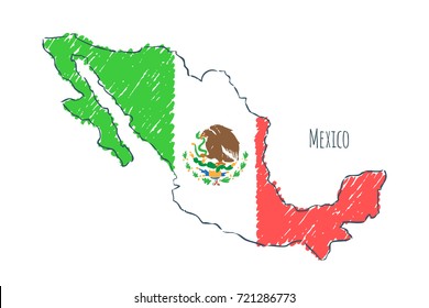 Mexico Map Hand Drawn Sketch. Vector Flag, Children's Drawing.