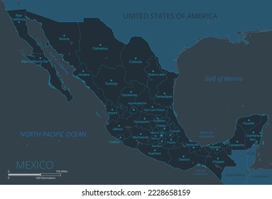 Mapa de México. Mapa detallado de México con países, fronteras, ciudades, objetos de agua. Ilustración vectorial eps10.