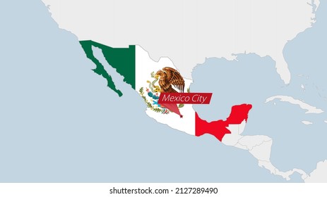 Mexico map highlighted in Mexico flag colors and pin of country capital Mexico City, map with neighboring American countries.
