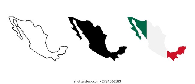 Mexico map icon collection, Mexico map sign vector set in outline, solid and nation flag style