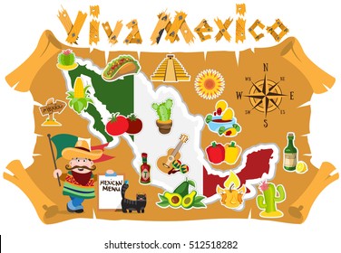 Mexico map illustration for top view of tourism promotional materials.