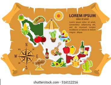 Mexico map illustration for top view of tourism promotional materials.