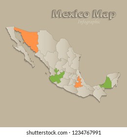 Mexico map with individual states separated, infographics with icons vector