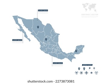 Mapa de México de azul infográfico Navegador locación de pin verificando la posición del plan de información de comunicación.