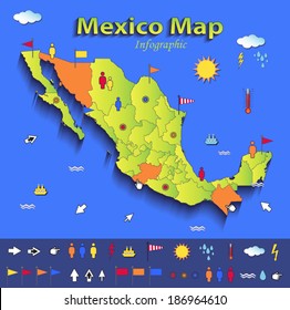 Mexico map infographic political map blue green card paper 3D vector individual states 