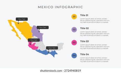 Mexiko Karte Infografik Vorlage mit 4 Optionen. Mexiko Verwaltungskarte Infografik für die Präsentation.