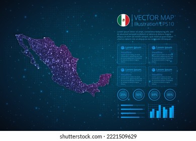 Plantilla de infografía de mapas de México para diagrama, gráfico, presentación y gráfico con concepto de malla geométrica abstracta de luz poligonal sobre fondo azul. EPS10 de ilustración vectorial.