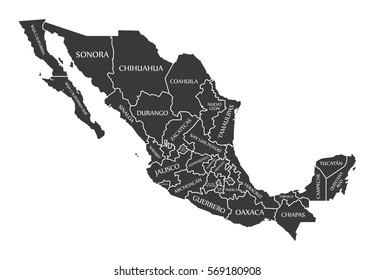 Mexico Map labelled black illustration