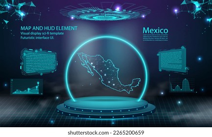 mexico map light connecting effect background. abstract digital technology UI, GUI, futuristic HUD Virtual Interface with mexico map. Stage futuristic podium in fog.