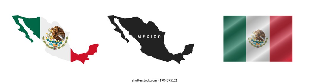 México. Mapa con bandera enmascarada. Silhouette detallada. Bandera ondeando. Ilustración vectorial aislada en blanco.