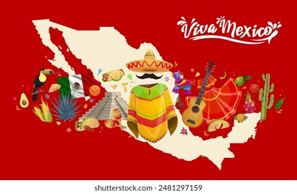 Mexico map with Mexican culture landmarks and national symbols, vector travel poster. Viva Mexico banner of sombrero with mustaches and poncho, Mexican cuisine burrito, flag, Aztec pyramid and guitar