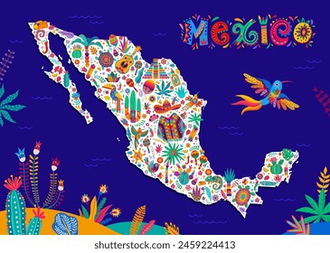 Mapa de México con símbolos nacionales, Lugares famosos y gastronomía mexicana, fondo de Vector. Mapa de México con sombrero y guitarra, cactus y maracas, pirámide azteca o maya y poncho en ornamento étnico