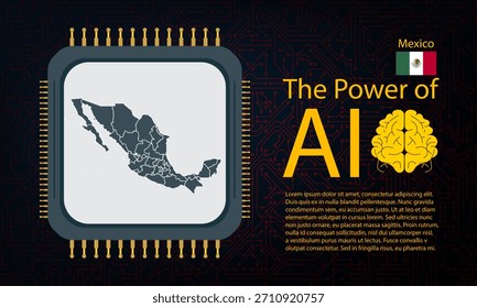 Mexico map with microchip war and AI concept on circuit board, Power of AI with country map. Global connectivity with big data. Design for UI backgrounds or FinTech projects.