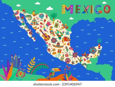 Mexico map with national cuisine, animals, musical instruments, holiday items and flowers. Vector mexican fiesta and travel banner of Mexico country silhouette with sombrero, guitar, maracas, skulls