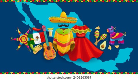 Mexico map with national flag, cuisine meals, musical instruments and plants. Mexican culture attributes, Latin America country travel vector background with Mexico ethnic clothing, pinata and food