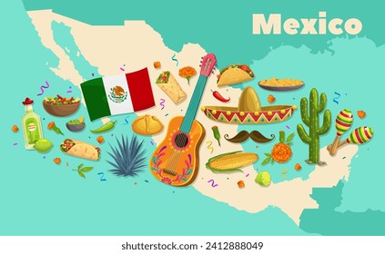 Mexico map with national flag, cuisine food, musical instruments and desert plants. Latin America country travel, Mexican culture vector concept with guitar, sombrero, Tex Mex meals, agave, tequila