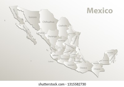 Mexico map, new political detailed map, separate individual states, with state names,  card paper 3D natural vector