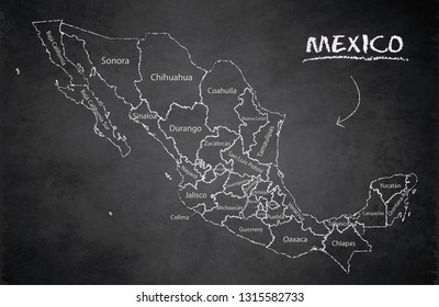 Mexico map, new political detailed map, separate individual states, with state names, card blackboard school chalkboard vector