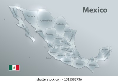 Mexico map, new political detailed map, separate individual states, with state names, glass card 3D state names, isolated on white background 3D vector