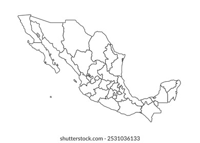 Esquema de mapa de México, ilustración de doodle lineal. aislado en el fondo blanco para diseños de Sitio web, fondo, educación, preciso, personalizable, viaje por todo el mundo, fondo de silueta de mapa, geografía terrestre.