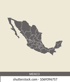 Mexico map outline vector illustration in gray background. Borders of all states or provinces or counties are included on this map.