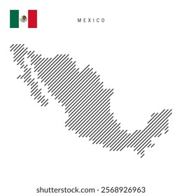 Mexico map from pattern of black slanted parallel lines. Mexican map with gray diagonal lines. Silhouette of a country made of oblique hatching. Vector illustration isolated on white.