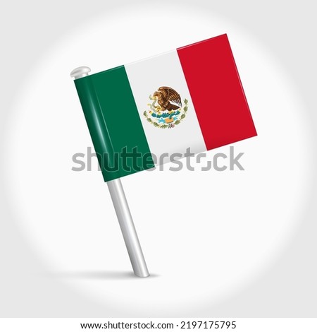 Mexico map pin flag icon. Mexican pennant map marker on a metal needle. 3D realistic vector illustration.