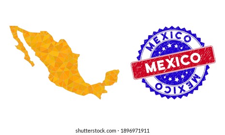 Mexico map polygonal mesh with filled triangles, and distress bicolor stamp seal. Triangle mosaic Mexico map with mesh vector model, triangles have various sizes, and positions, and color tints.