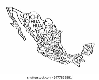 Mapa de México con el nombre de la provincia de dibujo a mano alzada. Ilustración vectorial.