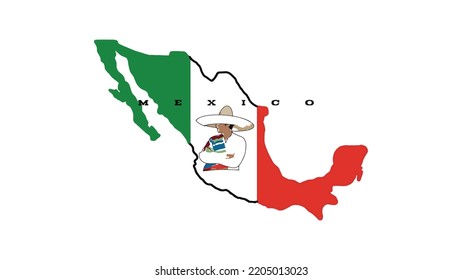 Mapa vectorial de México con colores rojo y verde. también hay personas que usan sombreros que simbolizan a los hombres mexicanos. Este vector es adecuado para el diseño de camisetas, tazas o incluso plantillas.