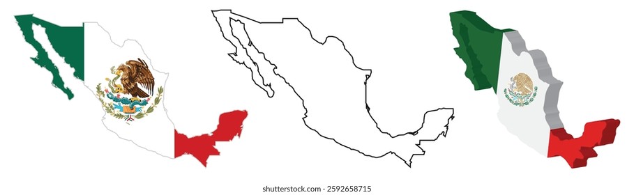 Mexico Map Set . 3D Mexico Map. Official Color and Outline Map . High-Quality Vector Illustration . Detailed  Mexico Geography Map for Travel. Education and Design . 