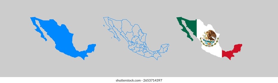 Mexico map set illustrations including solid fill, outlined states, and a version with the national flag for geographic or political use. Vector isolated
