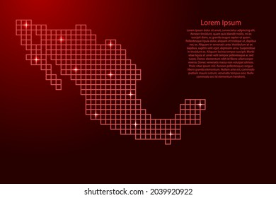 Mexico map silhouette from red mosaic structure squares and glowing stars. Vector illustration.