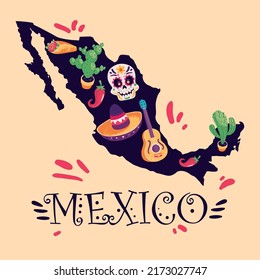 mexico map with skull and guitar