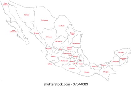 Mexico map with state borders and capital cities